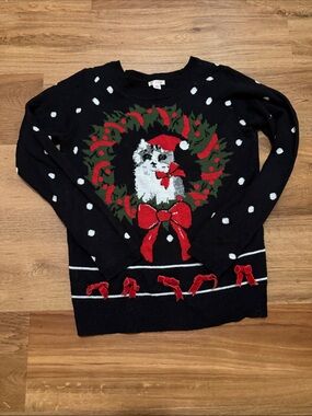 Xhilaration Black Holiday Sweater with Festive Cat Wreath Detail